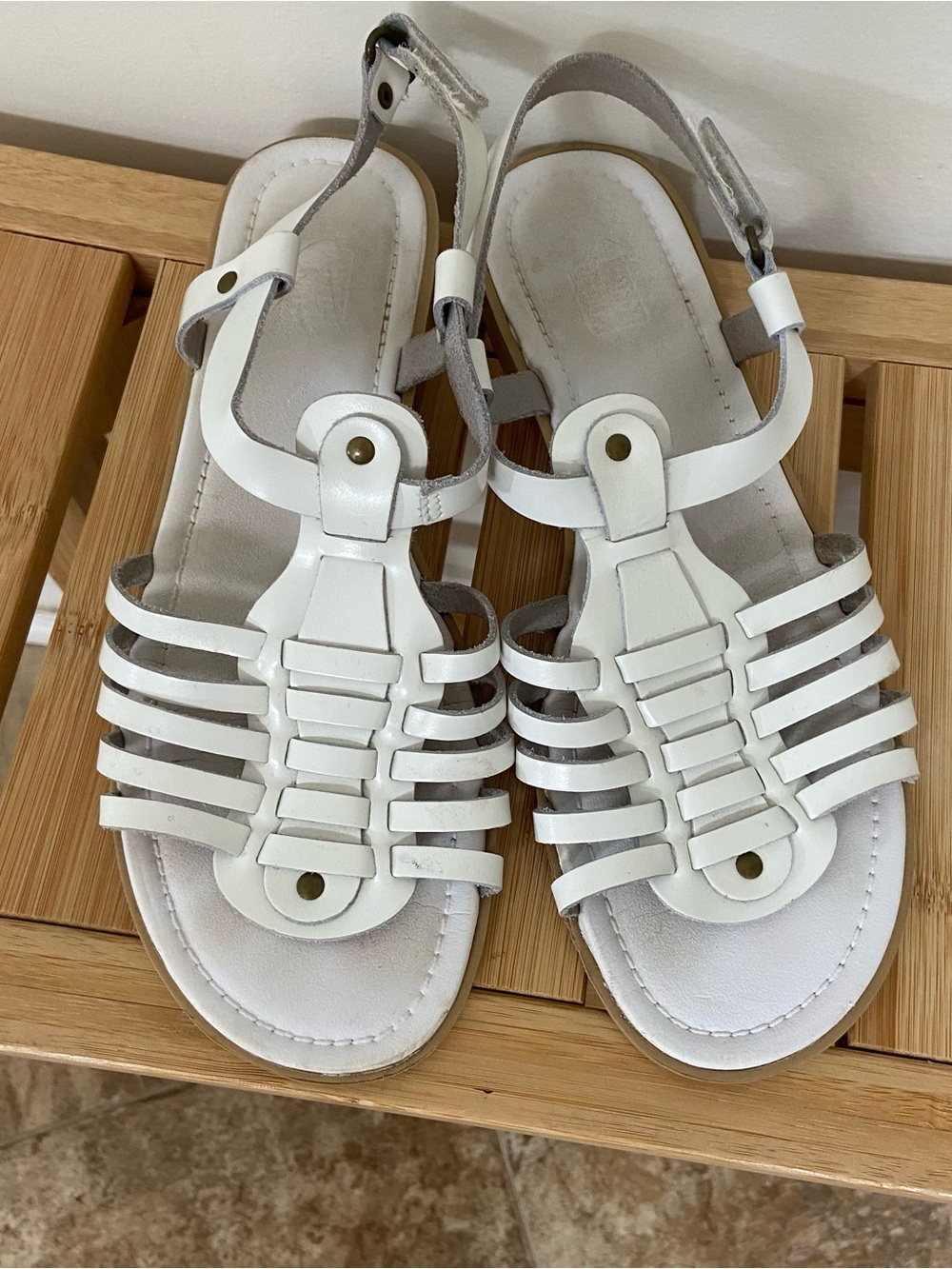 White Leather Gladiator Sandals Women’s 8.5 Adjustable Slingback Made in Brazil